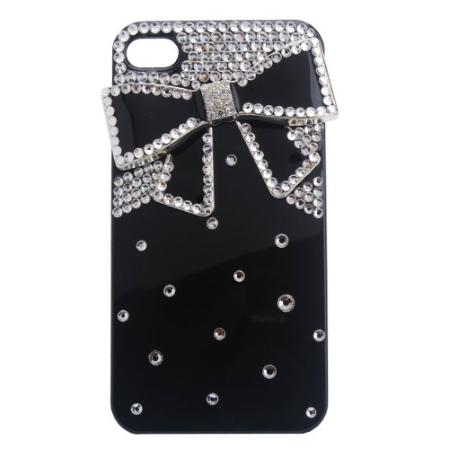 3D Bling Crystals Rhinestones Bow Case Cover for Apple iPhone 4 4S Black