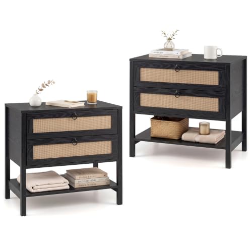KOMFOTT Rattan Nightstand Set of 2, Bedside Table with 2 Drawers (Black,2)