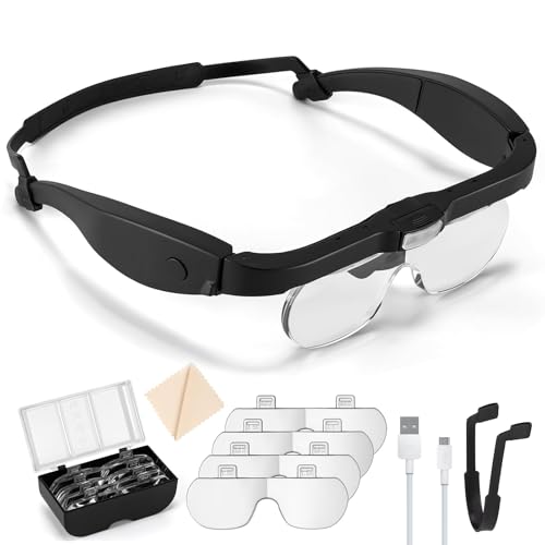 SINZONEU® Lente d'Ingrandimento da Testa con Luce & Occhiali Lente - Visiera LED Ricaricabile 5X con 4 Lenti per Gioielleria, Riparazione, Lettura, Hobby