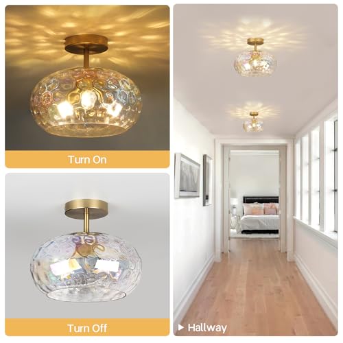 Image of 12 inch Vintage Rainbow Glass Ceiling Light, Mid Century 3-Light Semi Flush Mount Fixture, Modern Hammered Gold Lighting for Girls Bedroom, Hallway, Kitchen, Living Room