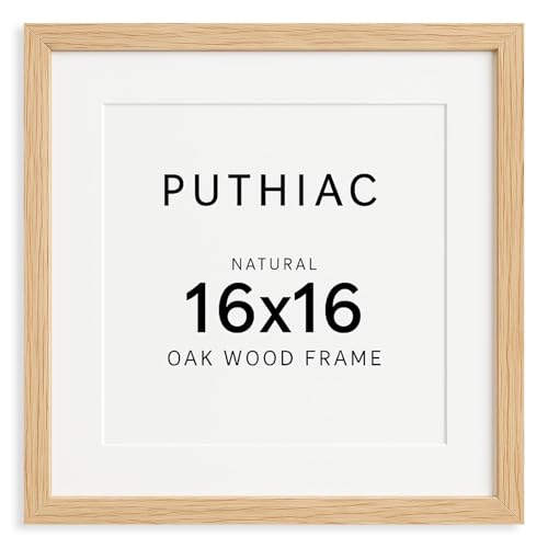 puthiac 16x16 Solid Oak Wood Picture Frame Fits 12x12 with Mat or 16x16 Without Mat Wall Display Only Plexi Front 1 Pack Natural Oak