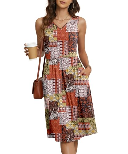 Image of NILOUFO Sleeveless Dress for Women Summer Knee Length Sundress with Pockets | Sundresses for Women Tank Empire Waist Sun Dress Cold Shoulder Casual V Neck Midi Dress Flowy Summer Dresses for Women