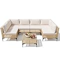 Devoko Patio Furniture Set,7 Pieces Outdoor Wicker Sectional Couch with Thick Cushions &Glass Tabletop, PE Rattan Backyard Conversation Sofa with Coffee Table for Deck, Porch