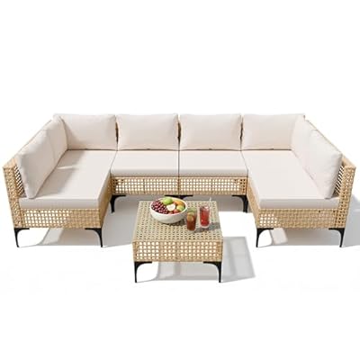 Devoko Patio Furniture Set,7 Pieces Outdoor Wicker Sectional Couch with Thick Cushions &Glass Tabletop, PE Rattan Backyard Conversation Sofa with Coffee Table for Deck, Porch