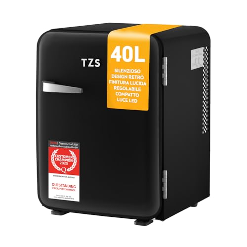 TZS First Austria - Mini Frigorifero Retrò 40L silenzioso - Piccolo Minifrigo design vintage con luce interna e 2 scomparti porta - Minibar per campeggio, ufficio, camera da letto e hotel - nero