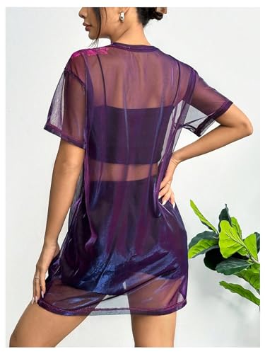 Image of Verdusa Women's See Through Mesh Short Sleeve Round Neck Mini Dress Purple Small