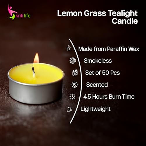Image of Kriti Life Lemon Grass Scented Tealight Candles - 100% Paraffin Wax, Smokeless, Long Burn Time (4.5 Hours), Dripless Yellow Candles for Home Decor, Diwali, Weddings & Meditation - Set of 50