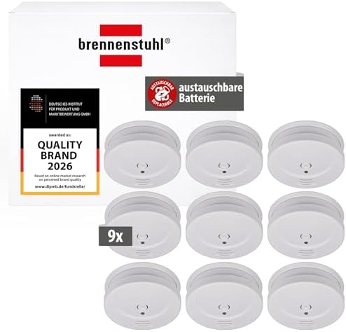 Brennenstuhl Rauchmelder Set, 9X RM C 9010 mit austauschbarer Batterie | geprüft nach EN 14604, durchdringendes Alarmsignal, weiß