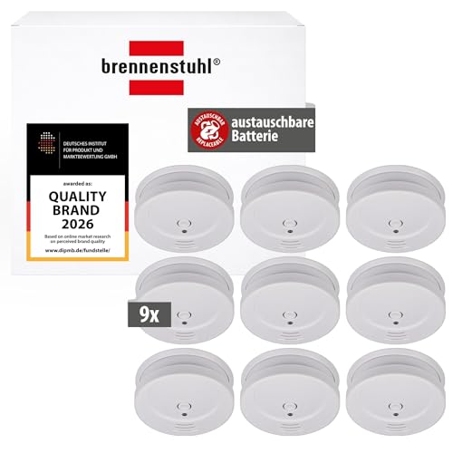 Brennenstuhl Rauchmelder Set 9X RM C 9010 mit austauschbarer Batterie (geprüft nach EN 14604 durchdringendes Alarmsignal) weiß