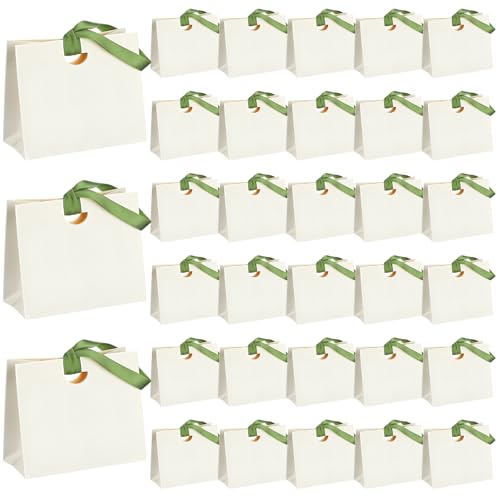 Gilprop 50 Pcs Paper Mini White Gift Bags with Ribbon Handle Bulk 6x5.7x3