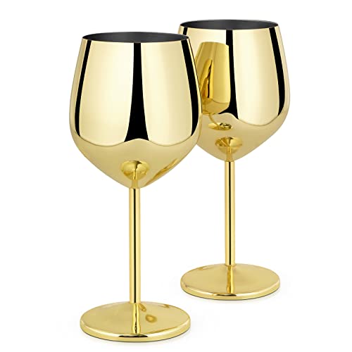 Livole 18oz 550ml Stainless Steel Wine Glasses, Elegant Goblet, Unbreakable Wine Glasses for Cocktail, Champagne, Camping Wine Glass Set of 2, Red Wine Glass for Travel, Picnic, Party, Gold