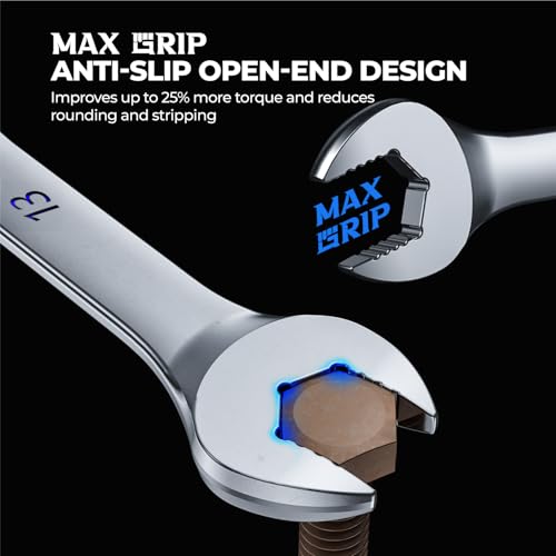 Image of toolant Max Grip 15pcs Professional SAE Combination Wrench Set with Long Pattern Offset Heads Anti-Slip Teeth & Color-Coded Markings for Machinist, Auto, maintenance, DIYer
