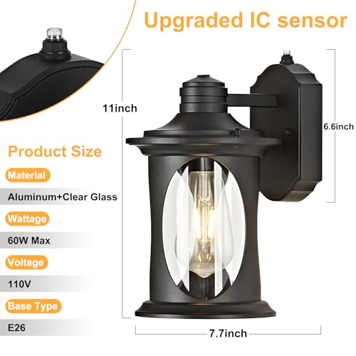 OKELI 2-Pack Dusk to Dawn Outdoor Wall Lights, Black Exterior Lighting Fixture Wall Sconces with E26 & Tempered Glass, Rust Resistant Outside Lantern Lights Wall Mounted for Porch — view 6