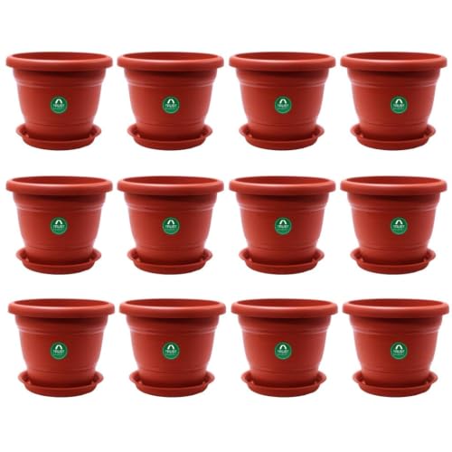 TrustBasket Plastic Pots with Bottom Plates - 12 Pcs (14 inch) | Gamla for Plants with Saucer | Pots and planters with Tray | Garden pots & Bottom Plates