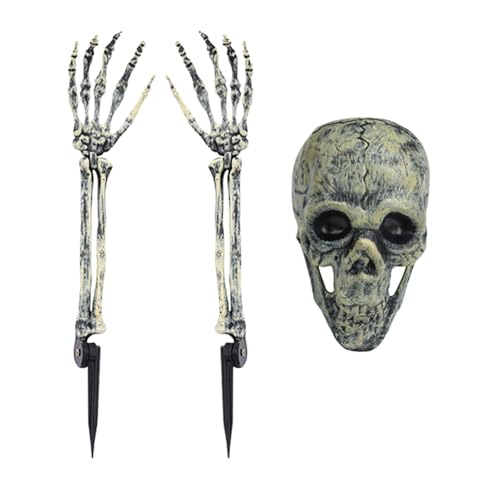Esqueleto de patio, estacas de Halloween, diseño realista de calavera para camino, patio, jardín, casa encantada, valla de puerta delantera
