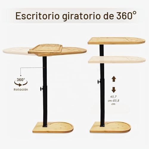 Mesa Auxiliar Forma C Bambú Metal Moderna Altura Ajustable, Side Table, Mesa Auxiliar de Cama, Mesa de Sofá, Mesilla de Noche, Mesa de Cuidado, para Salón Dormitorio Baño, Estilo C