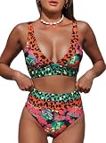 Hilinker Women's Leopard Bikini Swimsuits V Neck High Waisted 2 Piece Bathing Suits Coral Large