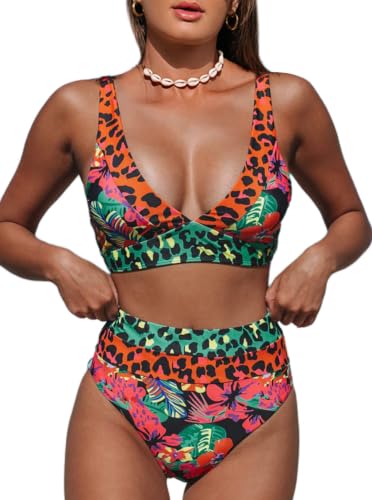 Image of Hilinker Women's Leopard Bikini Swimsuits V Neck High Waisted 2 Piece Bathing Suits