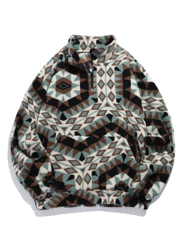 Image of ZAFUL Men 1 /4 Zipper Ethnic Aztec Fleece Unisex Winter Sweatshirt Tops 2026 | Funnel Neck Fluffy Polar Fleece Faux Sherpa Soft Thermal Pullover Kangaroo Pocket Jacket Hoodie Tops