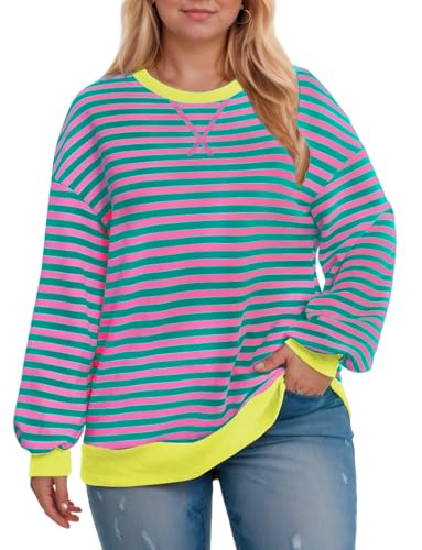 Image of ROSRISS Womens-Plus-Size-Oversized-Sweatshirts Striped Colorblock Long Sleeve Shirts Casual Crewneck Pullover Sweaters XL-5XL
