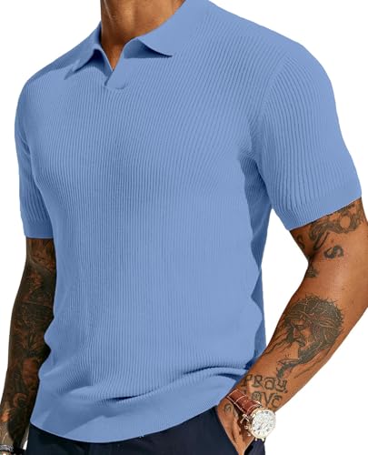Image of DENIMHOLIC Cotton Knitted Polo T Shirt for Man | Ribbed Textured Knit Polo Mens Tshirts | Collar T Shirts for Men