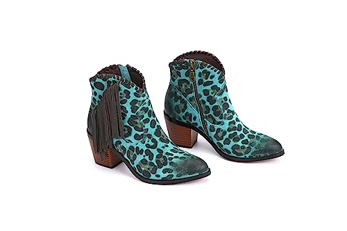 M Women's Tassels Cattle Leather Leopard Prints Western Cowgirl Short Boot2