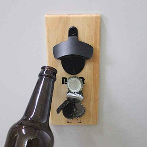 Luwanburg Wall Mount Beer Soda Bottle Opener and Wooden Magnetic Cap Catcher with Black Bear for Home Bar Refrigerator Party
