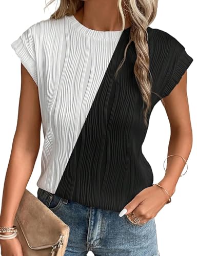Gemulate Plus Size Smart Tops for Women Ladies Short Sleeve Color Block Textured Clothes Womens Casual Knit tee Shirts White Black XL