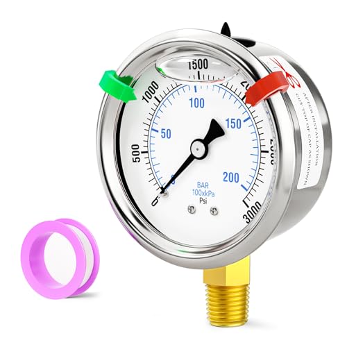 Image of 0-3000psi Stainless Steel 1 /4 inch NPT 2.5 inch Dial, Glycerin Liquid Filled Pressure Gauge Lower Mount Designed for Pressure Testing of Water, Oil and Air (with Range Mark Pointer)
