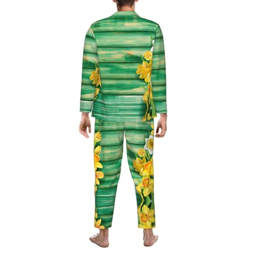 Pyjama jaune homme en coton doux imprimé jonquilles ensemble de nuit à boutons