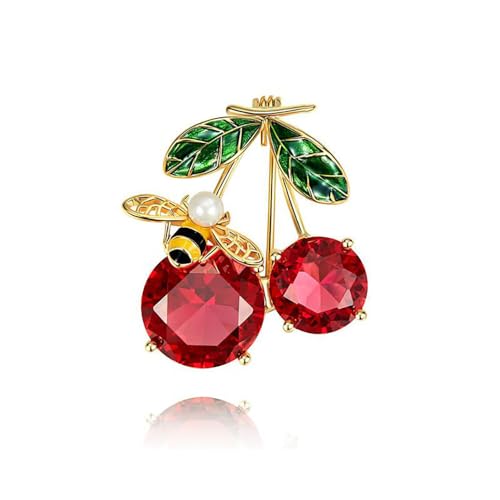 Broche IMINI Abeille Cerise Rouge avec Zircons Émaillés pour Femmes et Filles, Piccolo, Métal