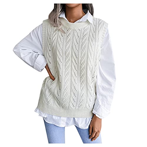 2024 - Chaleco de Punto de Cuello Redondo de otoño e Invierno para Mujer Chaleco de Punto sin Mangas de Universitario de Punto de de Color sólido Lana Mujer Ancho (White, L)