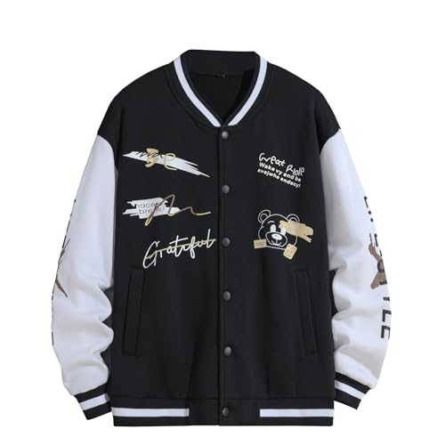 Acrawnni Mens Varsity College Jacket Baseball Bomber Jacket Vintage Sweatshirt Letters Bear Print Contrast Color Varsity Jacket (A-Black, L)