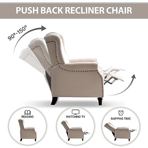 Bonzy Home Wingback Chairs Set of 2, Mid Century Modern Living Room Chairs, Fabric Push Back Recliner Chair with Rivet Decoration, Button-Tufted Back, Solid Wood Legs, Beige - Thumbnail 3