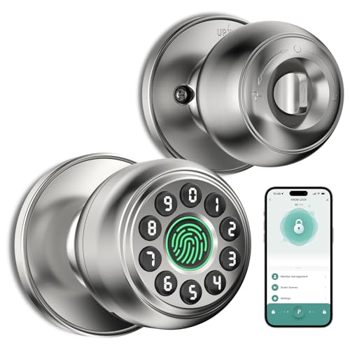 HEI LIANG Fingerprint Door Lock，Fingerprint and Keypad Input Smart Door knob, App Controlled Biometric Door Lock, Keyless Entry, Bedroom, Office, Hotel, Apartment Auto Door knob (Satin Nickel)