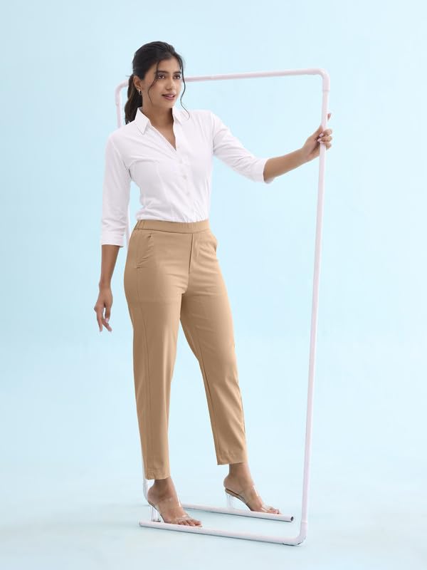 Image of GO COLORS Solid Tapered Fit Chino Pants for Women |Mid Rise, Side Pocket