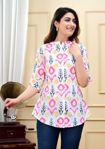 Image of Women's Rayon Floral Printed Short Kurti | Regular Fit | Mandarin Collar | Casual Wear for Office, College