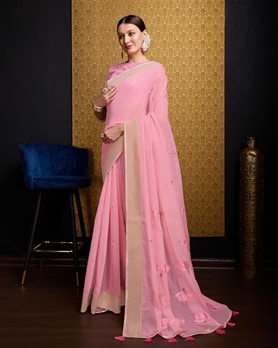 Image of SWORNOF Womens Linen Silk Saree | Saree for Women With Unstitched Blouse | Saree with Blouse Piece | Soft and Skin Friendly