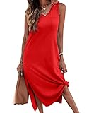 Picture of Dyexces Women Summer T Shirt Dress Casual Sleeveless V Neck Maxi Dresses Loose Side Slit Midi Tshirt Dress with Pockets A-Burgundy