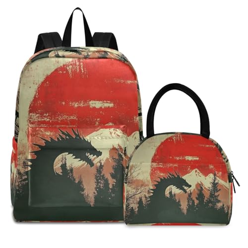 Backpack Lunch Bag Set Dragon Silhouettes Print, Big Storage Travel Backpacks with Insulated Lunch Box for Office Hiking Picnic