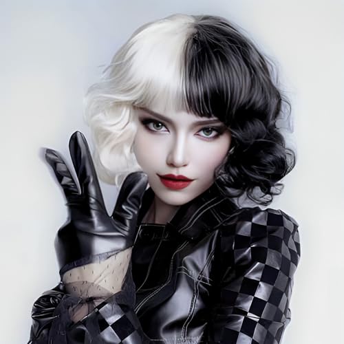 Halb Schwarz Halb Weiß Perücke Damen Kurz Lockig und Perückenkappe, Cruella Deville Wigs, Pony Cosplay Wig Bob Perücke für Halloween, Fancy Dress, Karneval und Cosplay Party