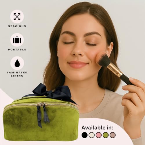 Makeup Bag for Women | Cosmetic Bag Organizer for Girls | Makeup Pouch for Traveling | Toiletry Bags for Women | Make Up Travel Pouches | Green Velvet3