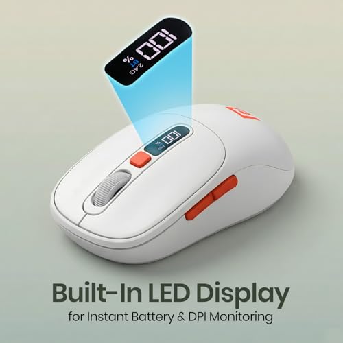 Image of Portronics Toad 9 Wireless Bluetooth Mouse with Dual Wireless (BT + 2.4 GHz), Smart LED Display, Rechargeable Battery, Forward & Back Button, Multi-Device Pair, Upto 4800 Dpi Sensitivity(White)