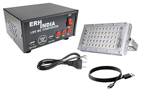 Image of ERH India 200 Watt 12v DC to AC Converter 12v Mini Car Inverter with Built in 2 USB Charging Ports and Free Data Cable (Converter with Data Cable and 50w Flood Light)