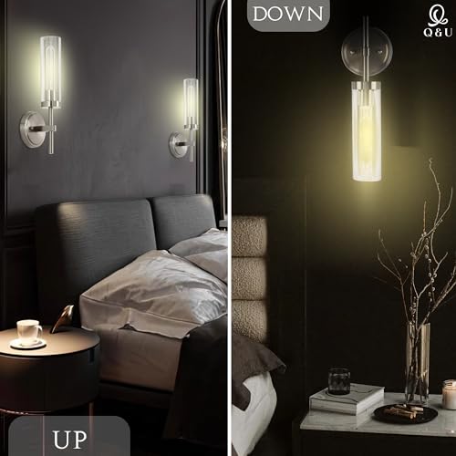 Image of Q&U Brushed Nickel Hardwired Wall Sconces Set of 2 - Modern Bathroom Vanity Light Fixtures, Farmhouse Wall Mount Lamps for Mirror, Living Room, Bedroom, and Hallway