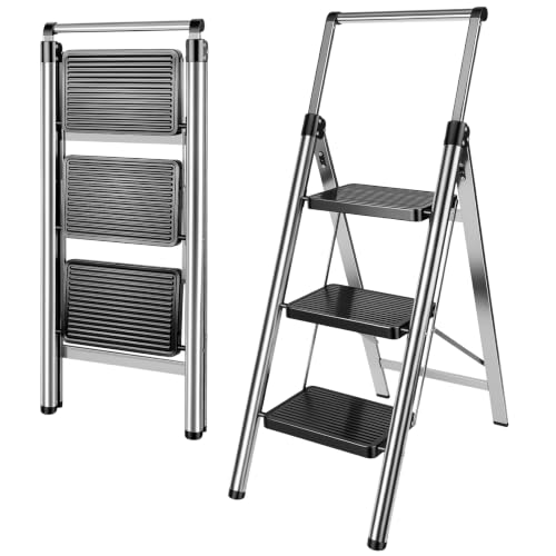 Escabeau pliable à 3 et 4 marches en acier inoxydable, pédale de fer antidérapante, portable, charge maximale de 150 kg, marchepied pliable pour la maison, la cuisine, le garage (3 marches)