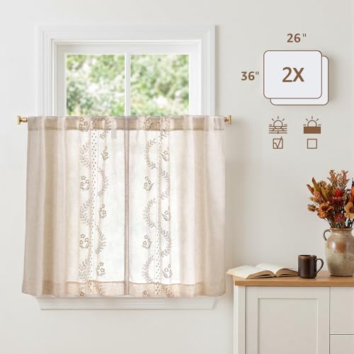 Image of jinchan Beige Floral Linen Kitchen Tier Curtains 36 Inch, 2 Panels