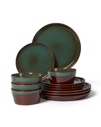 Image of Pokini Ceramic Plates and Bowls Sets for 4, 12pcs Dinnerware Sets, Dish Set
