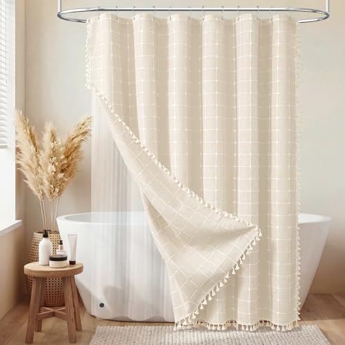 Image of BTTN 3 in 1 Shower Curtain with PEVA Liner, 72x84 Long Boho Linen Fabric Shower Curtain Set with Plastic Hook, Tall Farmhouse Bohemian Cute Waterproof Cloth Shower Curtain for Bathroom, Cream /Beige