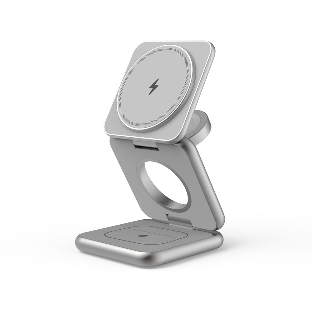 foldable wireless charging station for iphones and apple watch in silver